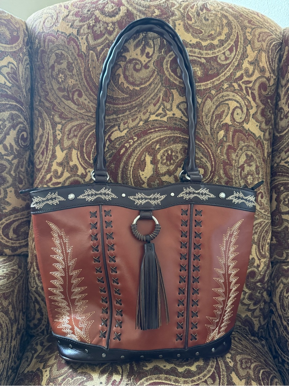 Patricia Nash Brown Leather Embroidered Tote with Black Trim and Tassel - Picture 3 of 8